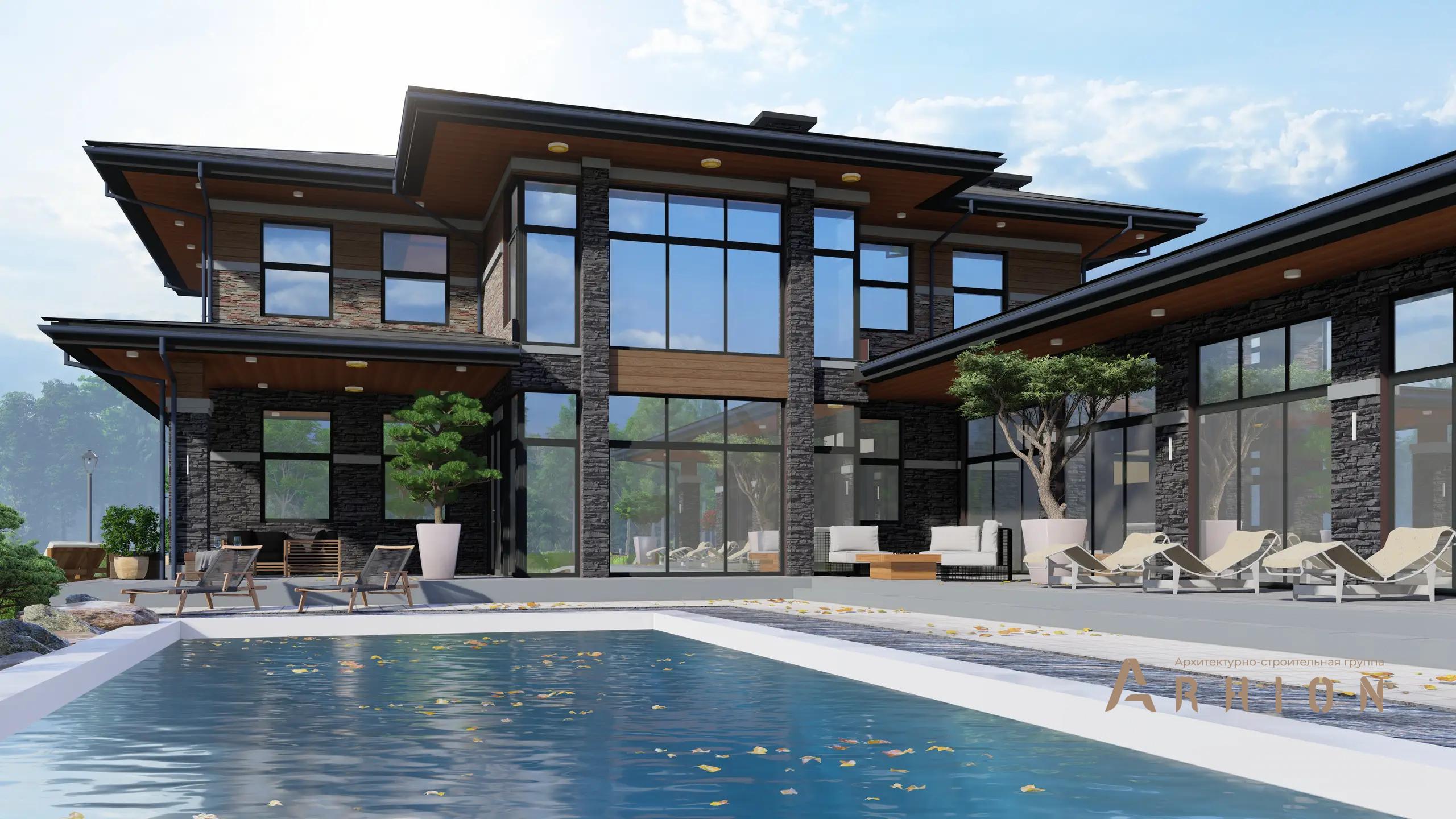 1. Проект двухэтажного дома в стиле Ллойда Райта (прерий) с четырехскатной, h-1604, площадью - 433 кв c сауной, терассой, гаражом, бассейном